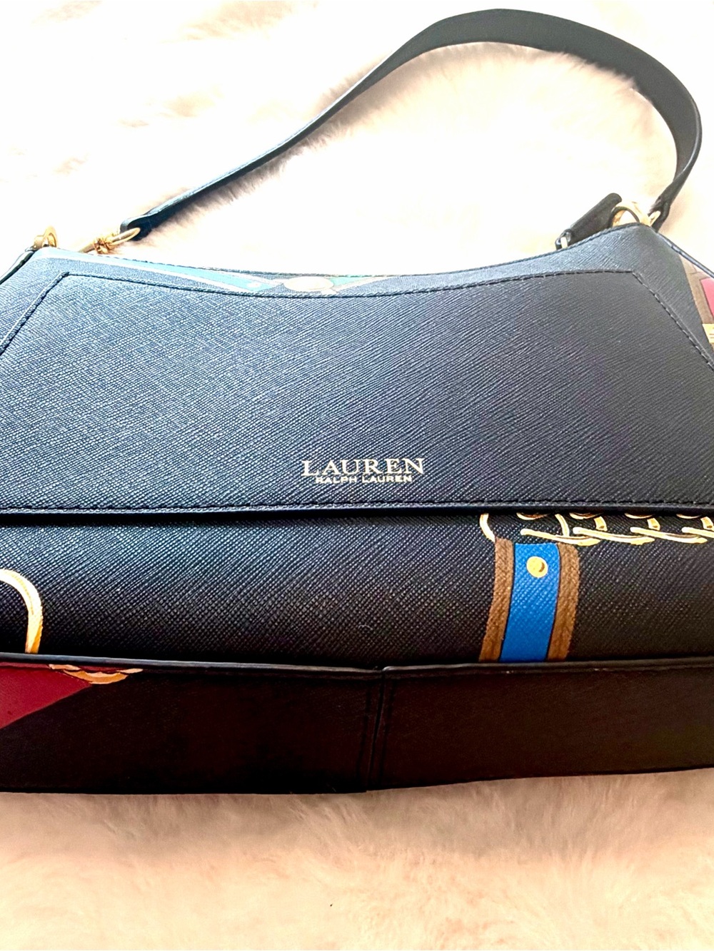 Lauren Ralph Lauren Black Shoulder Bag with Multicolor Equestrian Print - Picture 8 of 9